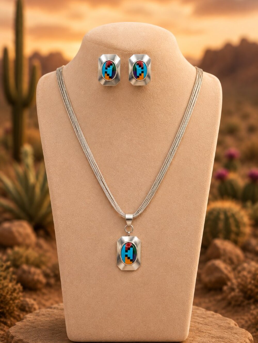 Vintage Navajo Liquid Silver Turquiose Coral Onyx Inlay Necklace & Earrings Set